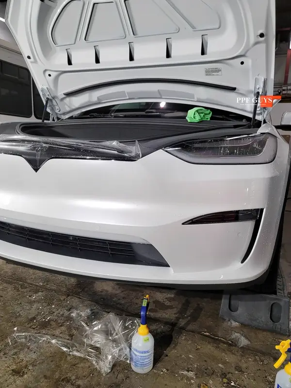 White Tesla Model X, Front end, rear bumper. Photo 9 of 15.