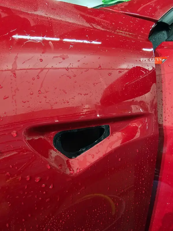 Red Tesla Model 3, Front end, partial A-pillars and rockers. Photo 16 of 30.