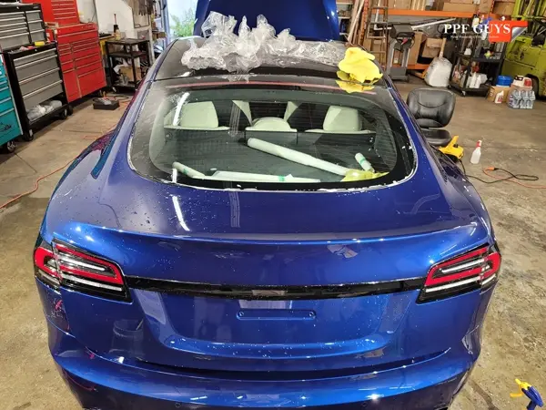 Blue Tesla Model S, Full body PPF and ceramic coating. Photo 10 of 40.