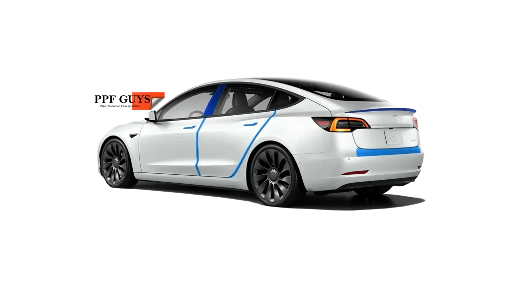 Coverage diagram: Tesla Model 3 from the rear with door edges, B-pillar, spoiler and rear bumper luggage area highlighted.