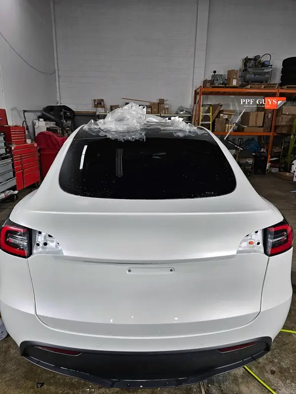 White Tesla Model Y Performance, Stealth, emblems. Photo 23 of 60.