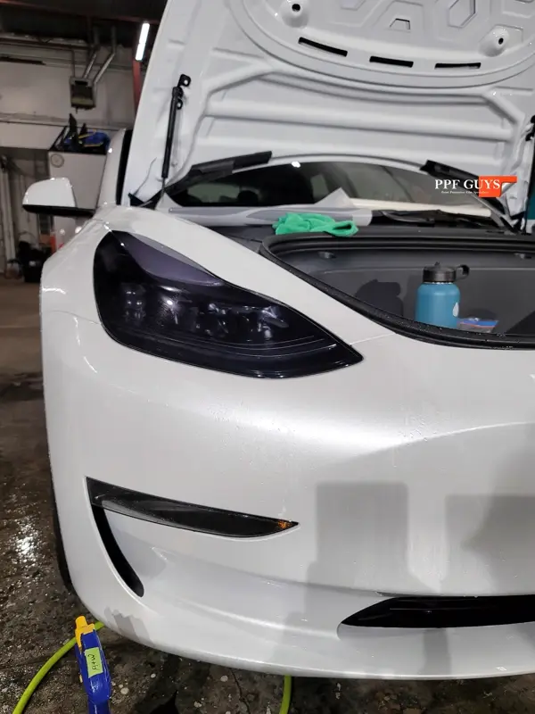 White Tesla Model 3, Front end, partial A-pillars, tinted headlights and fogs. Photo 16 of 18.
