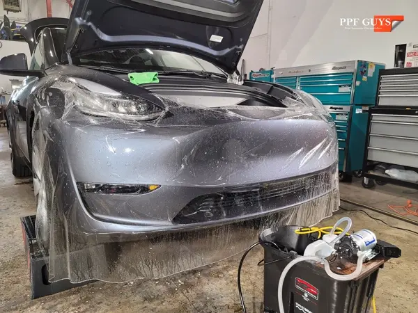 Silver Tesla Model Y, Ultimate Plus PPF front end