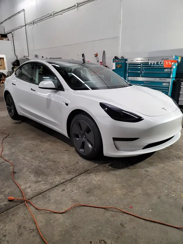 White Tesla Model 3, Front end, partial A-pillars, tinted headlights and fogs. Photo 9 of 18.