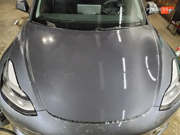 Silver Tesla Model 3, Front end and rear fenders. Photo 11 of 16.