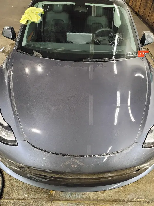 Silver Tesla Model 3, Front end and rear fenders. Photo 10 of 16.