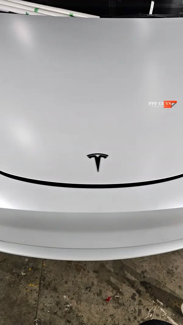 White Tesla Model Y Performance, Stealth, emblems. Photo 53 of 60.