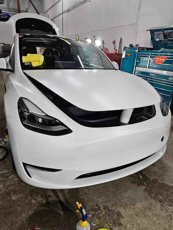 White Tesla Model Y Performance, Stealth, emblems. Photo 9 of 60.