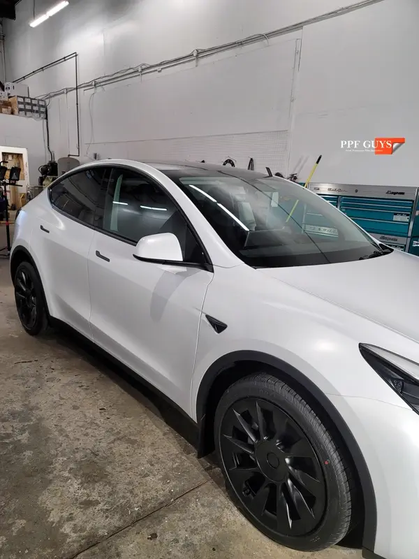 White Tesla Model Y, Full body XPEL Stealth satin finish PPF. Photo 33 of 54.