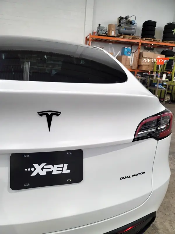 White Tesla Model Y, Full body XPEL Stealth satin finish PPF. Photo 37 of 54.