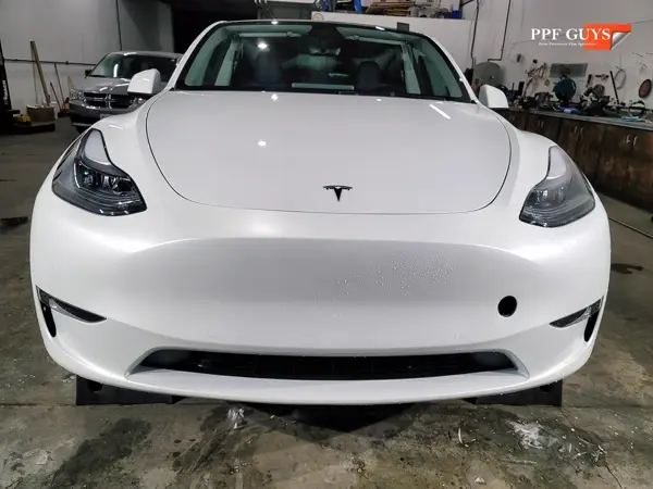 White Tesla Model Y, XPEL Stealth, ceramic, painted emblems. Photo 33 of 34.