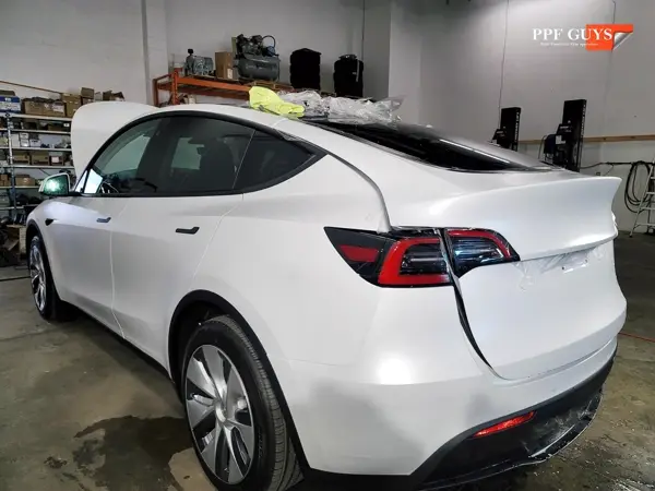 White Tesla Model Y, XPEL Stealth, ceramic, painted emblems. Photo 20 of 34.