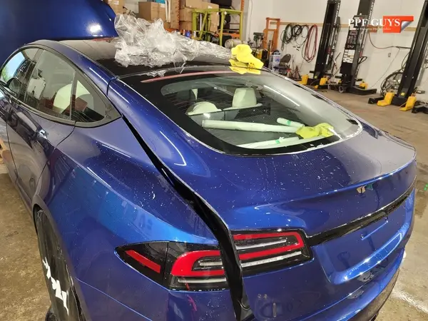 Blue Tesla Model S, Full body PPF and ceramic coating. Photo 11 of 40.