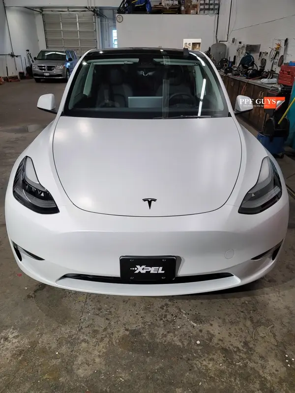 White Tesla Model Y, Full body XPEL Stealth satin finish PPF. Photo 29 of 54.