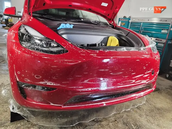 Red Tesla Model Y, Front end PPF and ceramic coating