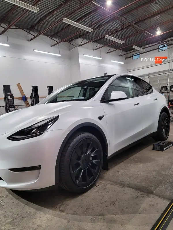 White Tesla Model Y, Full body XPEL Stealth satin finish PPF. Photo 44 of 54.