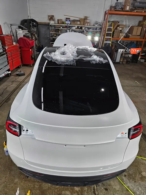 White Tesla Model Y Performance, Stealth, emblems. Photo 24 of 60.