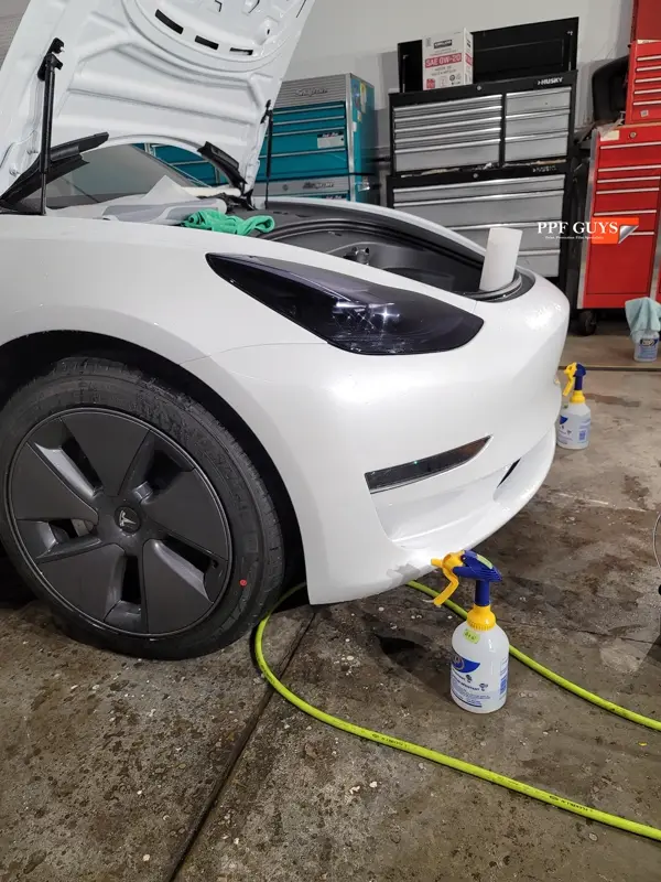 White Tesla Model 3, Front end, partial A-pillars, tinted headlights and fogs. Photo 17 of 18.