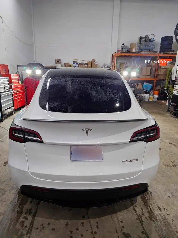 White Tesla Model Y Performance, Stealth, emblems. Photo 33 of 60.