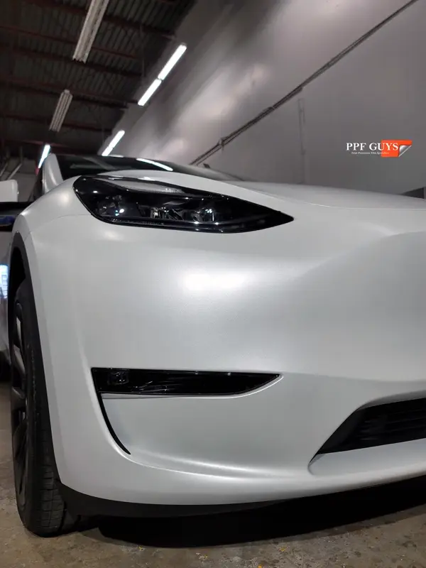 White Tesla Model Y, Full body XPEL Stealth satin finish PPF. Photo 41 of 54.