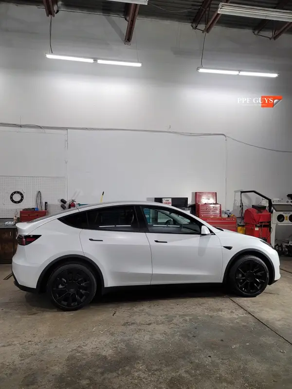 White Tesla Model Y, Full body XPEL Stealth satin finish PPF. Photo 32 of 54.