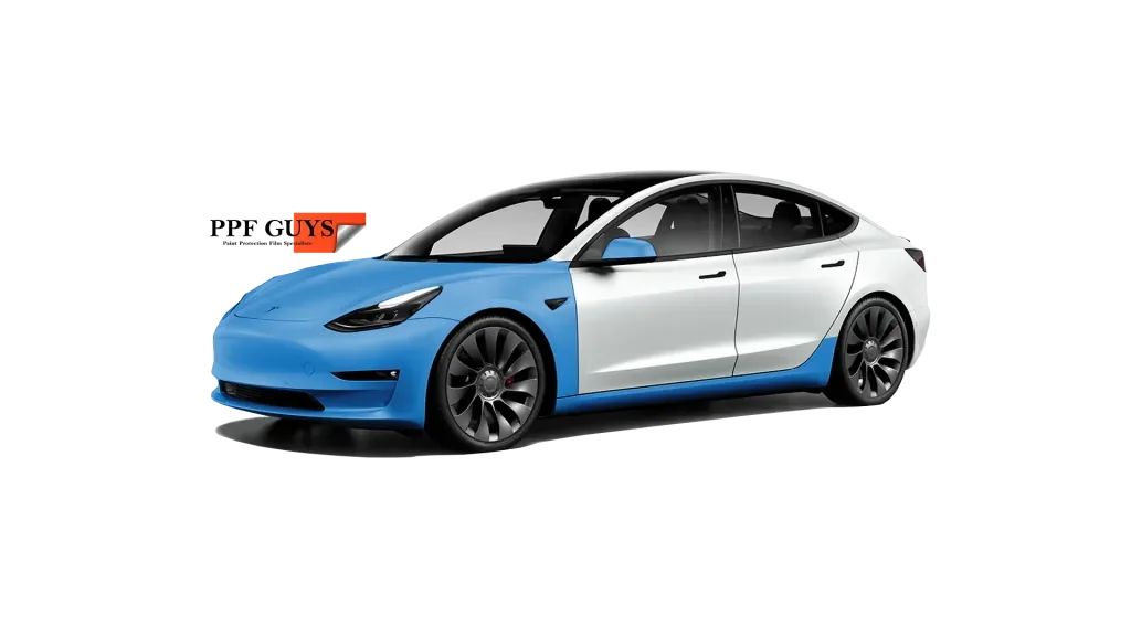 Coverage diagram: Tesla Model 3 with the front end plus rocker panels highlighted.
