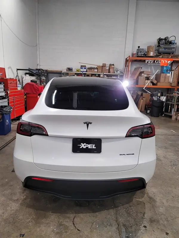 White Tesla Model Y, Full body XPEL Stealth satin finish PPF. Photo 36 of 54.