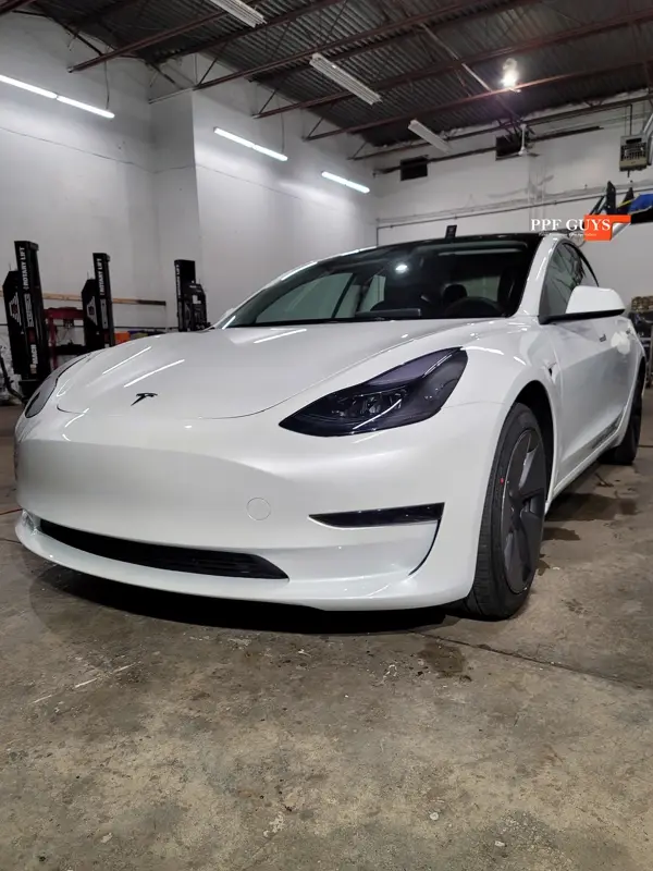 White Tesla Model 3, Front end, partial A-pillars, tinted headlights and fogs. Photo 10 of 18.