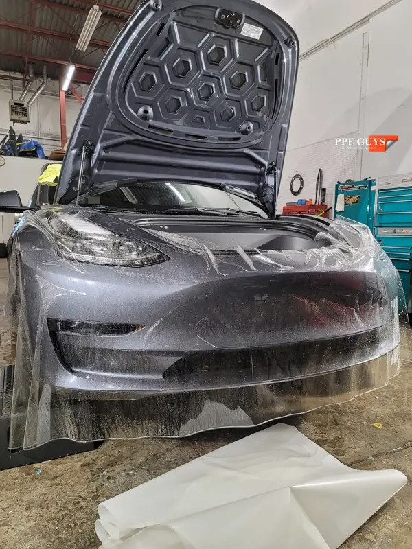 Silver Tesla Model 3, Front end and rear fenders. Photo 13 of 16.