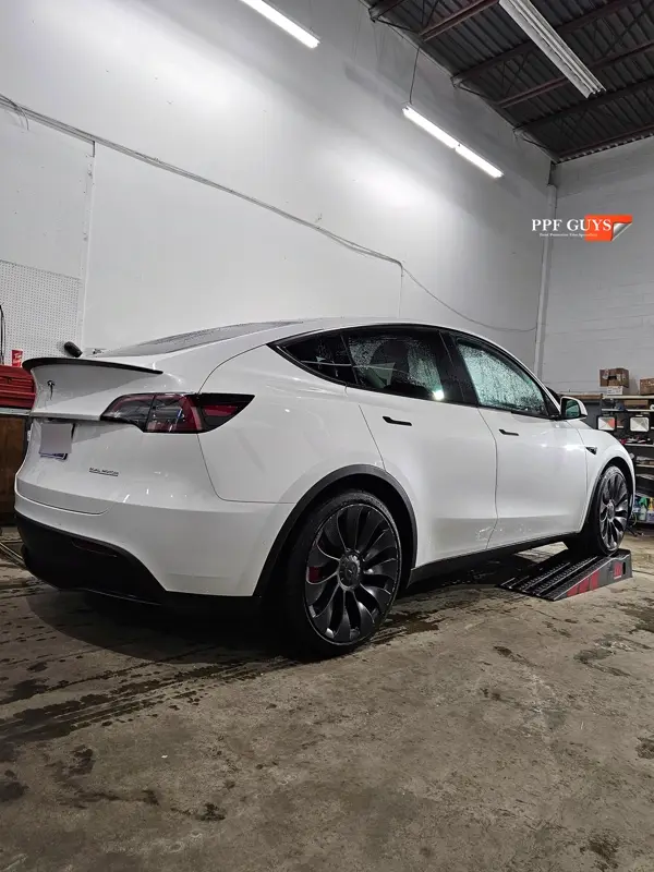 White Tesla Model Y Performance, Stealth, emblems. Photo 12 of 60.