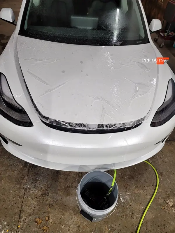 White Tesla Model 3, Front end, partial A-pillars, tinted headlights and fogs. Photo 12 of 18.