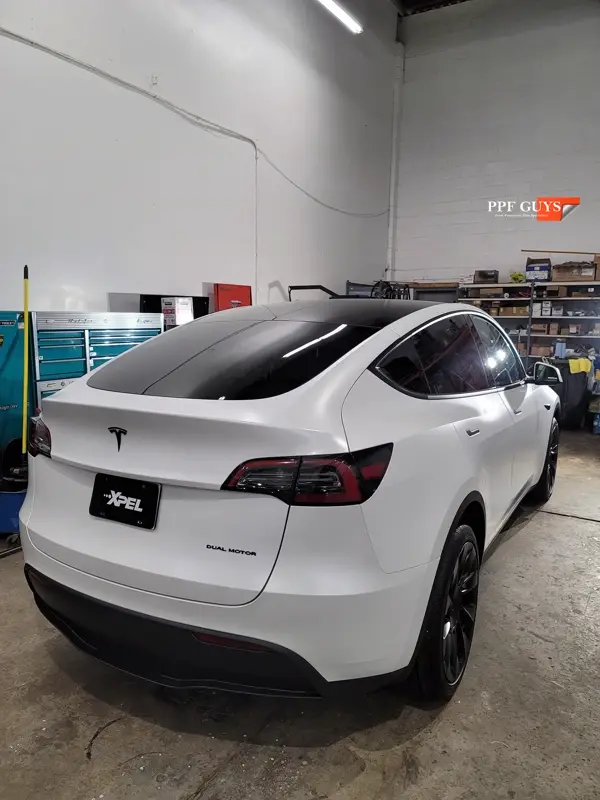 White Tesla Model Y, Full body XPEL Stealth satin finish PPF. Photo 35 of 54.