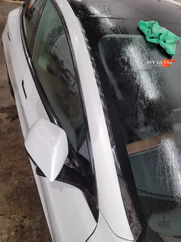 White Tesla Model 3, Front end, partial A-pillars, tinted headlights and fogs. Photo 15 of 18.