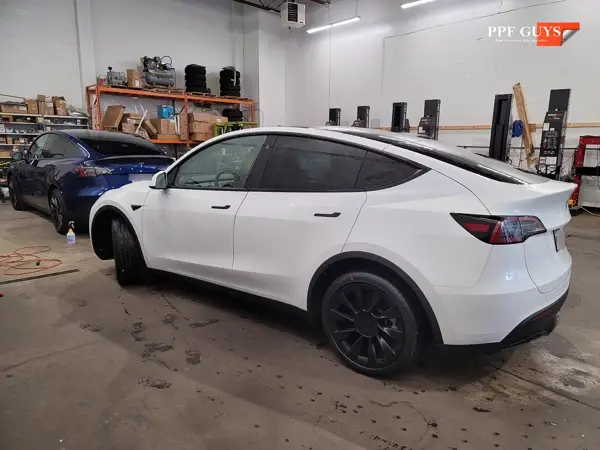 White Tesla Model Y, Full body XPEL Stealth satin finish PPF. Photo 42 of 54.