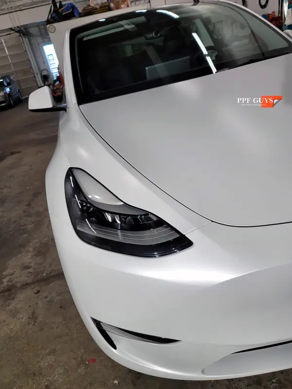 White Tesla Model Y, Full body XPEL Stealth satin finish PPF. Photo 43 of 54.